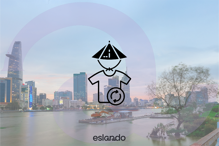 Ho Chi Minh City skyline with superimposed textile recycling symbol and Eslando logo, representing the growth of textile recycling in Vietnam.